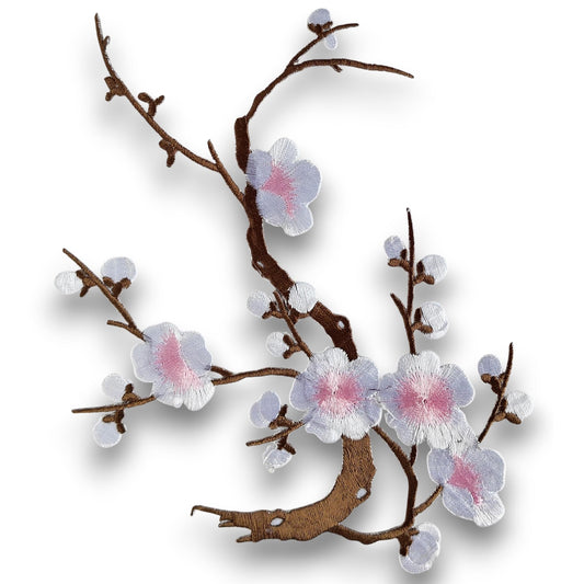 S.A.V.I 3D Cherry Blossom Embroidered Iron-On Patch – 7x6.1 inch Pink & White Flower Applique for Clothes, Kurtis, Bags | DIY Decorative Fabric Sticker for Crafts, Jackets, Sarees & More