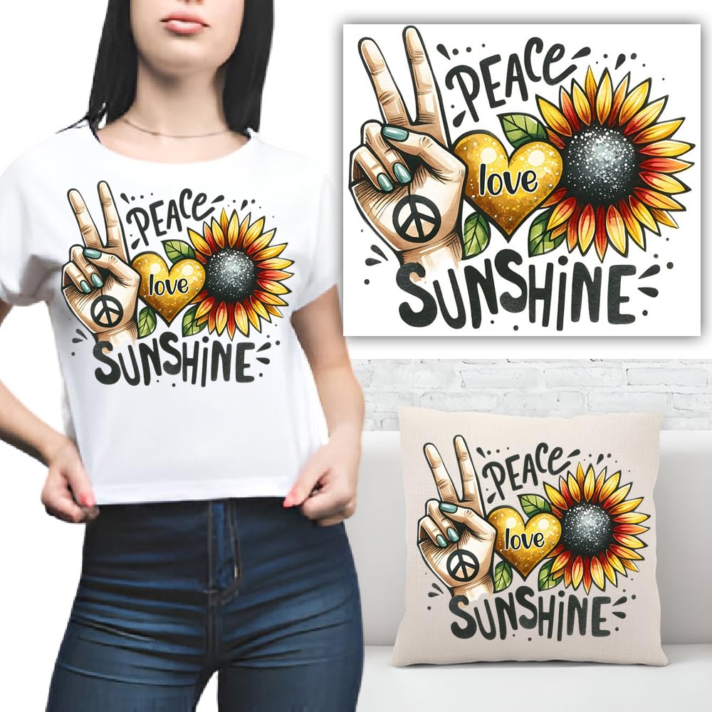S.A.V.I Peace Love Sunshine Iron-On Patch – Washable Sunflower  Heart Design (7x8.5 Inch) for DIY T-Shirts, Hoodies, Backpacks, Pillows  More – Vibrant Heat Transfer, Durable  Easy to Use