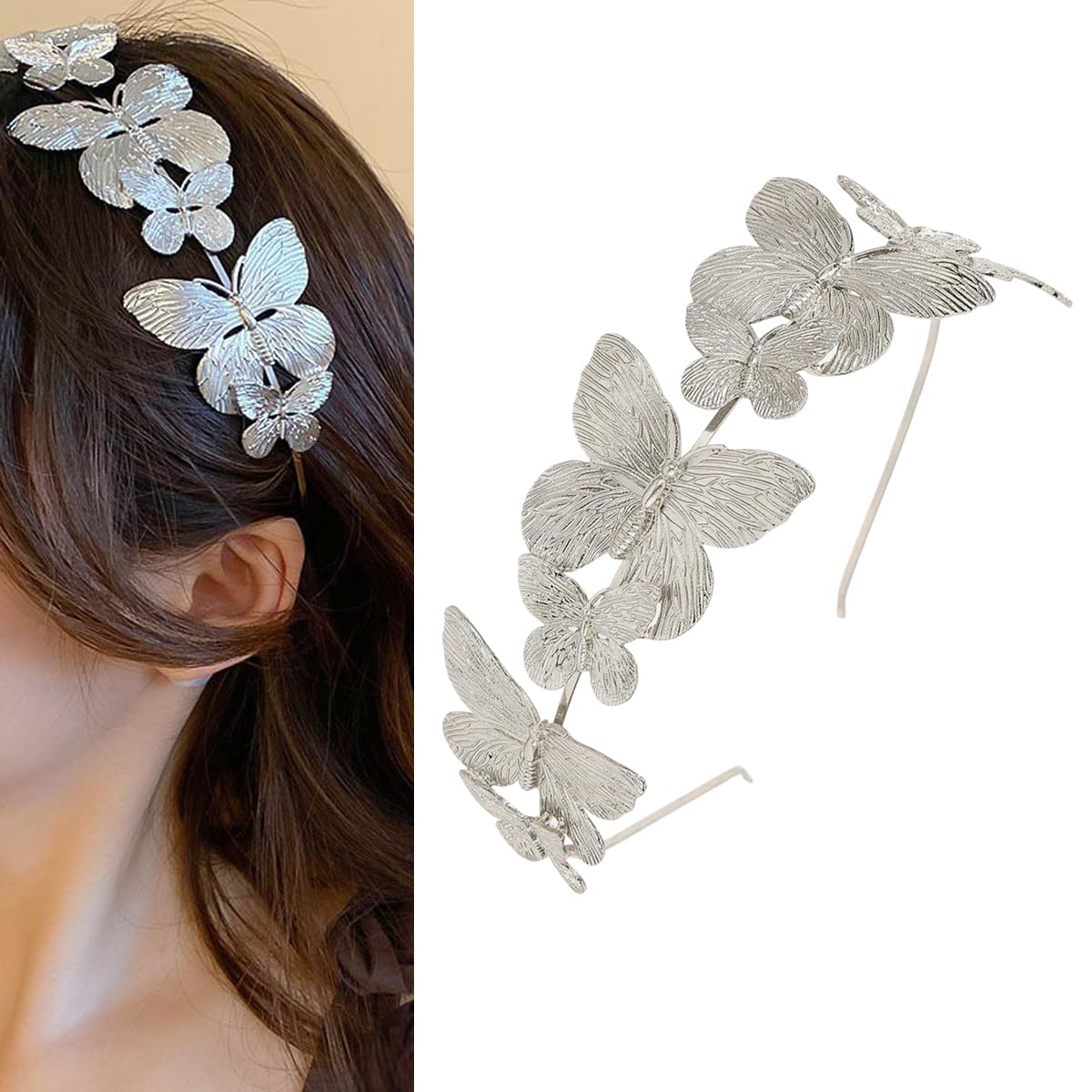 S.A.V.I Silver Butterfly Hairband for Women & Girls | Lightweight Metal Headband with 3D Textured Design | Stylish Party, Wedding & Festive Hair Accessory (14.5cm) (Silver, Onesize)