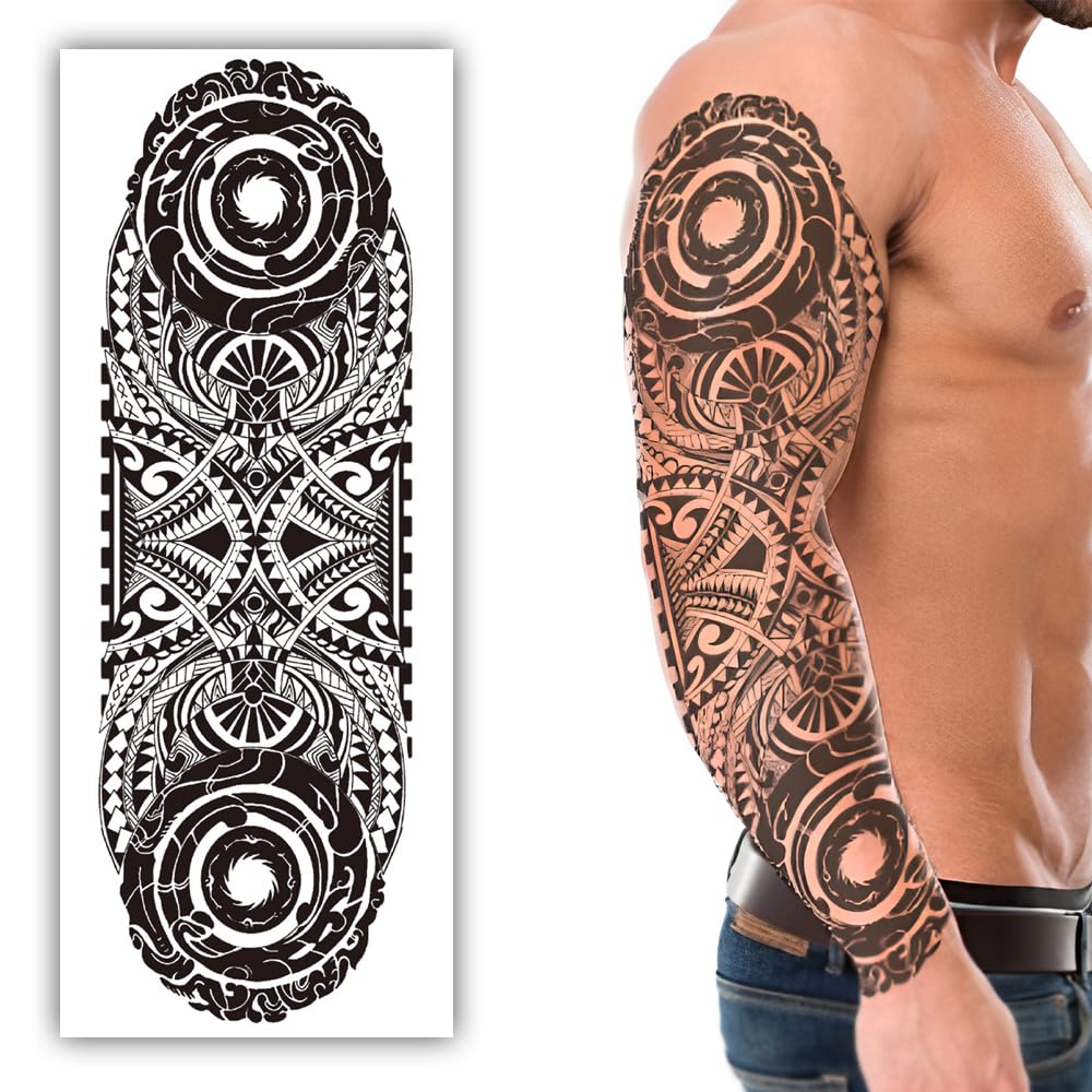 S.A.V.I Full Arm Temporary Tattoo for Men – Large 48x17 cm Black Tribal Design – Waterproof, Long-Lasting, Safe & Non-Toxic – Easy to Apply & Remove – Body Art for Party, Events, Photoshoot