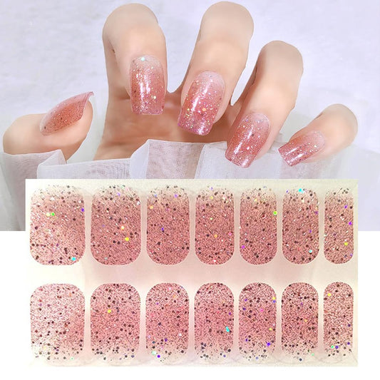 S.A.V.I 14 PCS Pink Glitter Ombre Gel Nail Stickers – Easy Self-Adhesive Gradient Design