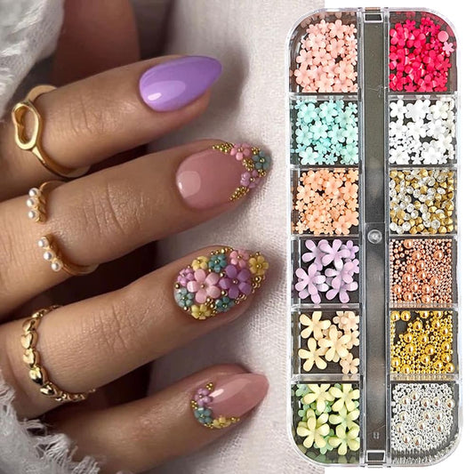 S.A.V.I 3D Flower Nail Art Decorations Set – 12-Grid Multicolor Acrylic Flowers, Crystals  Gold/Silver Beads | Nail Charms for DIY, Manicure  Professional Nail Art – Mixed Sizes for Salon  Home Use