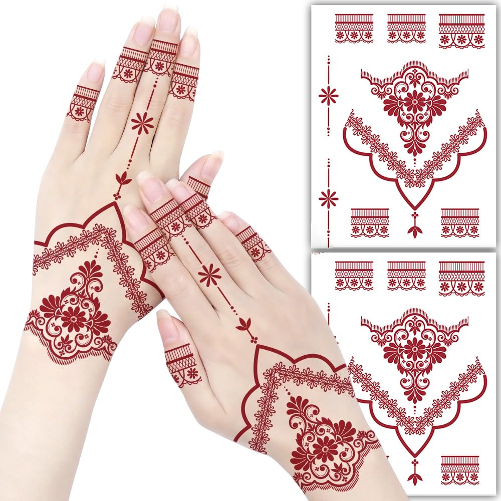 S.A.V.I 2 Sheets - Red Mehndi Style Temporary Tattoo Stickers for Women & Girls (16x12cm) | Floral Net Design | Waterproof, Safe, Non-Toxic Body Art for Hands – Easy to Apply & Remove (#66)