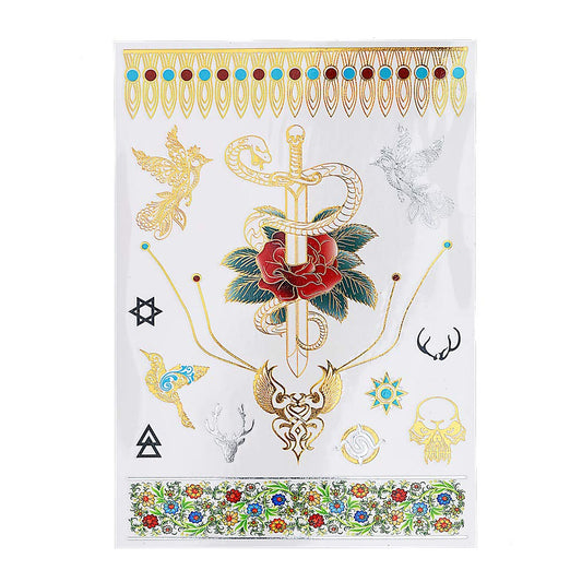 S.A.V.I 3D Temporary Tattoo Golden and Silver Metallic Sticker Sword In Rose Birds Deer Design Size 21x15cm - 1pc. (111), Gold, 22 g