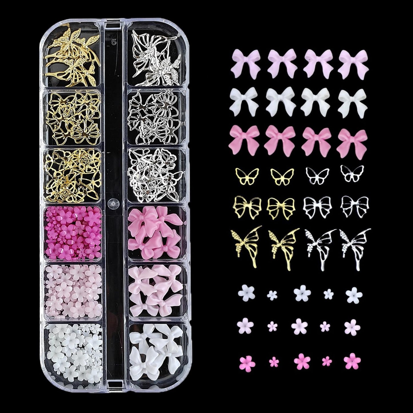 S.A.V.I 12-Grid 3D Nail Art Decorations Set – Gold & Silver Alloy Bows, Butterflies, Pink/White Flowers, Multi-Colour Bows – DIY Nail Extension & Manicure Accessories for Salon & Home Use