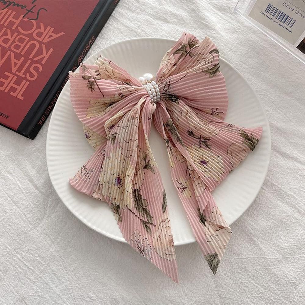 S.A.V.I Pink Floral Big Bow Hair Clip for Women & Girls | 17x15 cm Pleated Korean Style Barrette with Pearl Beads | Stylish Hair Accessory for Long Hair, Daily & Party