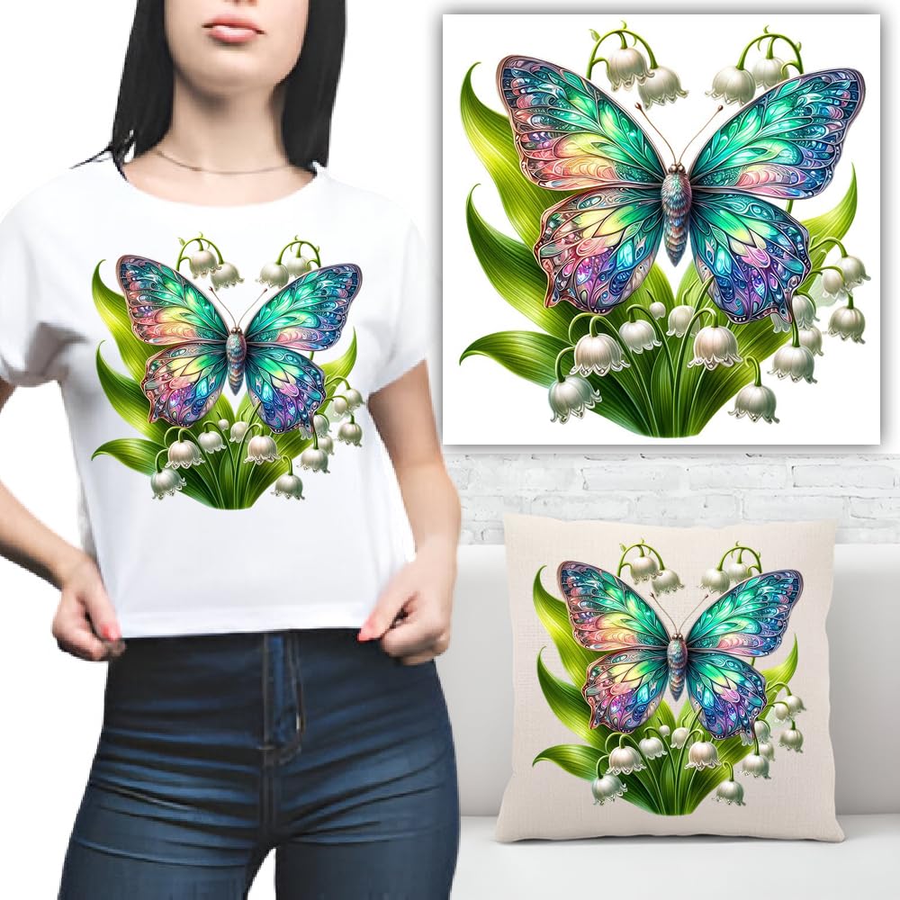 S.A.V.I Colorful Butterfly Iron-On Patch - 8.5x7.5 DIY Washable Applique for T-Shirts, Hoodies, Pillows  Jeans - Lily of The Valley Design, No Sewing Required