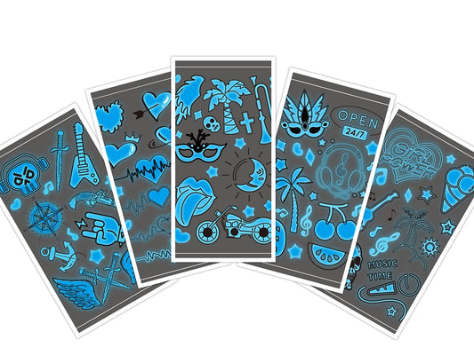 S.A.V.I 5PCS. Blue Glow In Dark Temporary Tattoo Stickers for Adult Men Women, Luminous Fluorescent Tattoos Waterproof Fake Tattoo Body Art For Party Club Decoration DIY- Size 12x7.5cm
