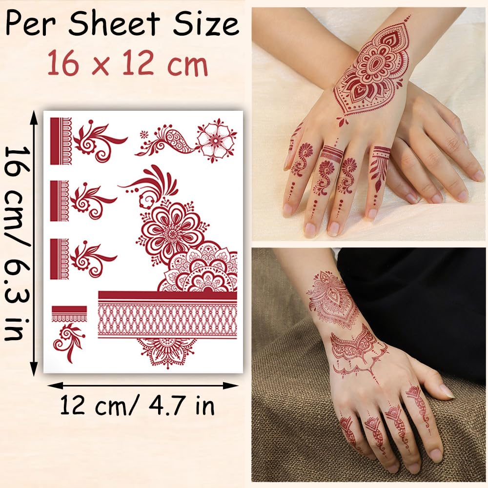 S.A.V.I 2 Sheets - Red Mehndi Style Temporary Tattoo Stickers for Women & Girls (16x12cm) | Floral Net Design | Waterproof, Safe, Non-Toxic Body Art for Hands – Easy to Apply & Remove (#63)