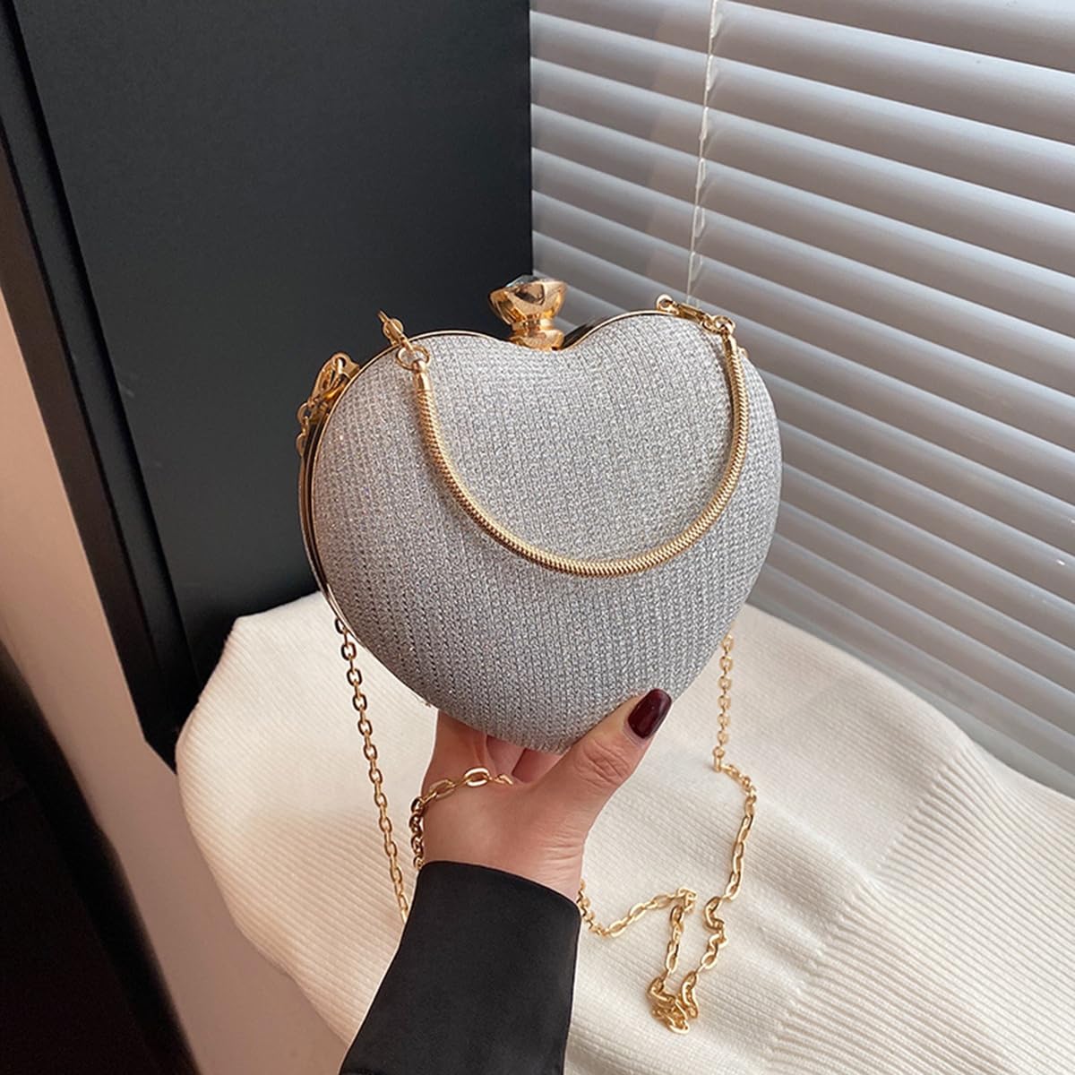 S.A.V.I Women’s Heart Shaped Silver Glitter Clutch Bag | Party & Wedding Evening Purse with Gold Handle, Chain Strap & Crystal Top Lock | Stylish Metallic Handbag for Brides & Special Events (Silver)