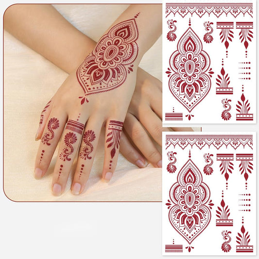 S.A.V.I 2 Sheets - Temporary Mehndi Tattoo Stickers for Hands (16x12 cm) | Red Henna Style | Waterproof, Non-Toxic | Mandala & Floral Design for Women & Girls | Festival & Bridal Use (#48)