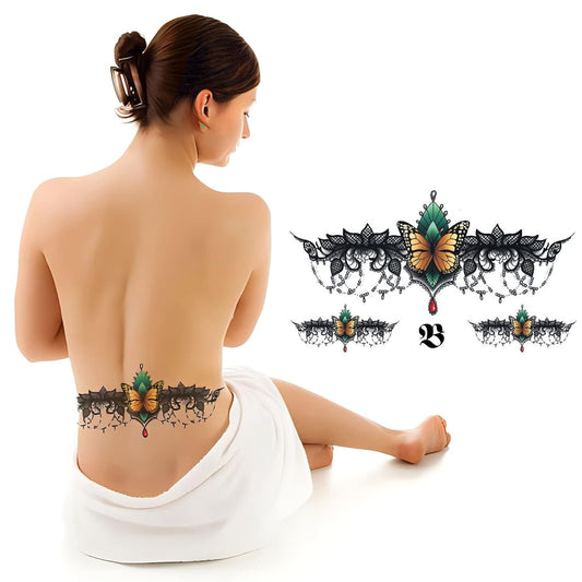 S.A.V.I Waterproof Butterfly and Black Lace Temporary Tattoos for Chest, Waist, and Back - Men and Women Tattoo Designs with Text, Size - 24x14 cm