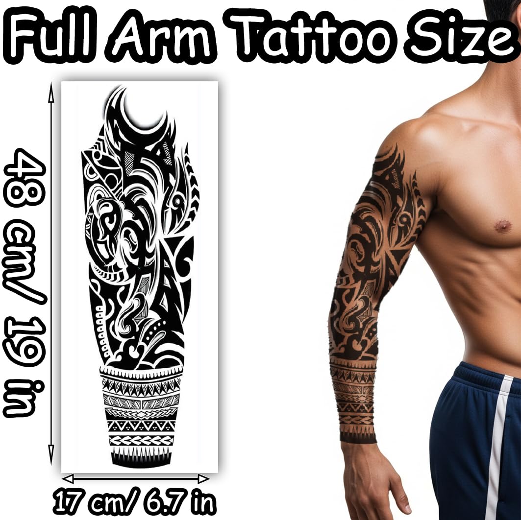 S.A.V.I Full Arm Temporary Tattoo for Men – 48x17cm Tribal Sleeve Design – Waterproof & Non-Toxic – Realistic Black Body Art Sticker – Easy to Apply & Remove – Party & Photoshoot Ready