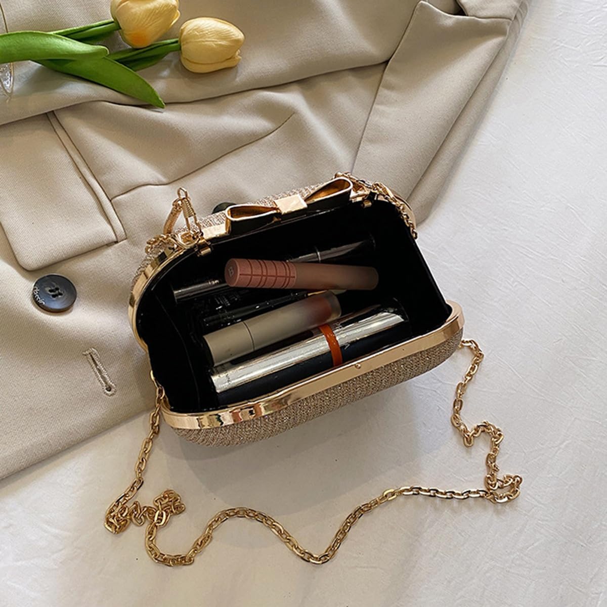 S.A.V.I Women’s Gold Glitter Clutch Bag – Oval Hard Case Evening Purse with Chain & Bow Design, Party & Wedding Handbag (Gold)