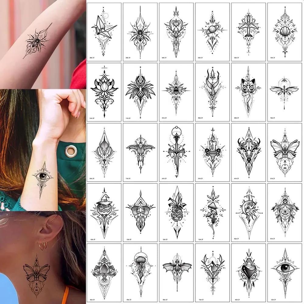 S.A.V.I 30 Pcs Black Temporary Tattoos for Women & Girls – Safe, Non-Toxic, Waterproof Body Art Stickers | Floral, Geometric, Boho Designs – Easy to Apply & Remove – Long Lasting Arm & Wrist Tattoos (03)