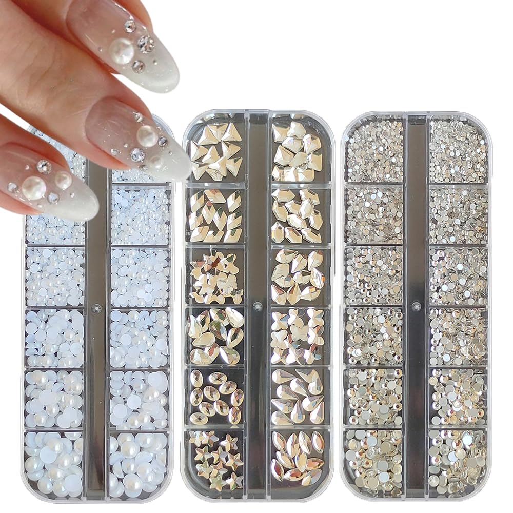 S.A.V.I 3 Box Nail Art Decoration Set | Flatback Pearls, Glass Rhinestones – 6 Sizes, 12 Shapes | White & Crystal Nail Gems for DIY Nail Art, Manicure, Salon & Home Use