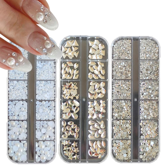 S.A.V.I 3 Box Nail Art Decoration Set | Flatback Pearls, Glass Rhinestones – 6 Sizes, 12 Shapes | White & Crystal Nail Gems for DIY Nail Art, Manicure, Salon & Home Use