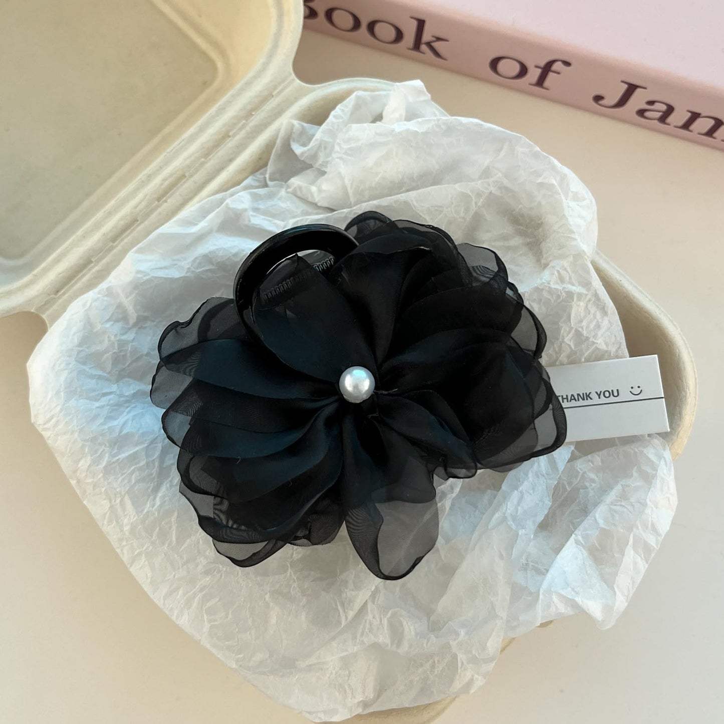 S.A.V.I Black Flower Hair Claw Clip for Women & Girls | Pearl Centered Floral Hair Accessory | 8cm Stylish Hair Clip for Bun, Party, Wedding & Daily | Elegant Hair Styling Clip