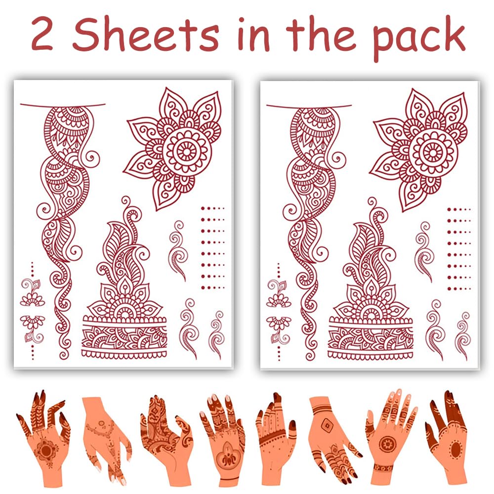 S.A.V.I 2 Sheets - Temporary Mehndi Tattoo Stickers for Hands (16x12 cm) | Red Henna Style | Waterproof, Non-Toxic | Mandala & Floral Design for Women & Girls | Festival & Bridal Use (#42)