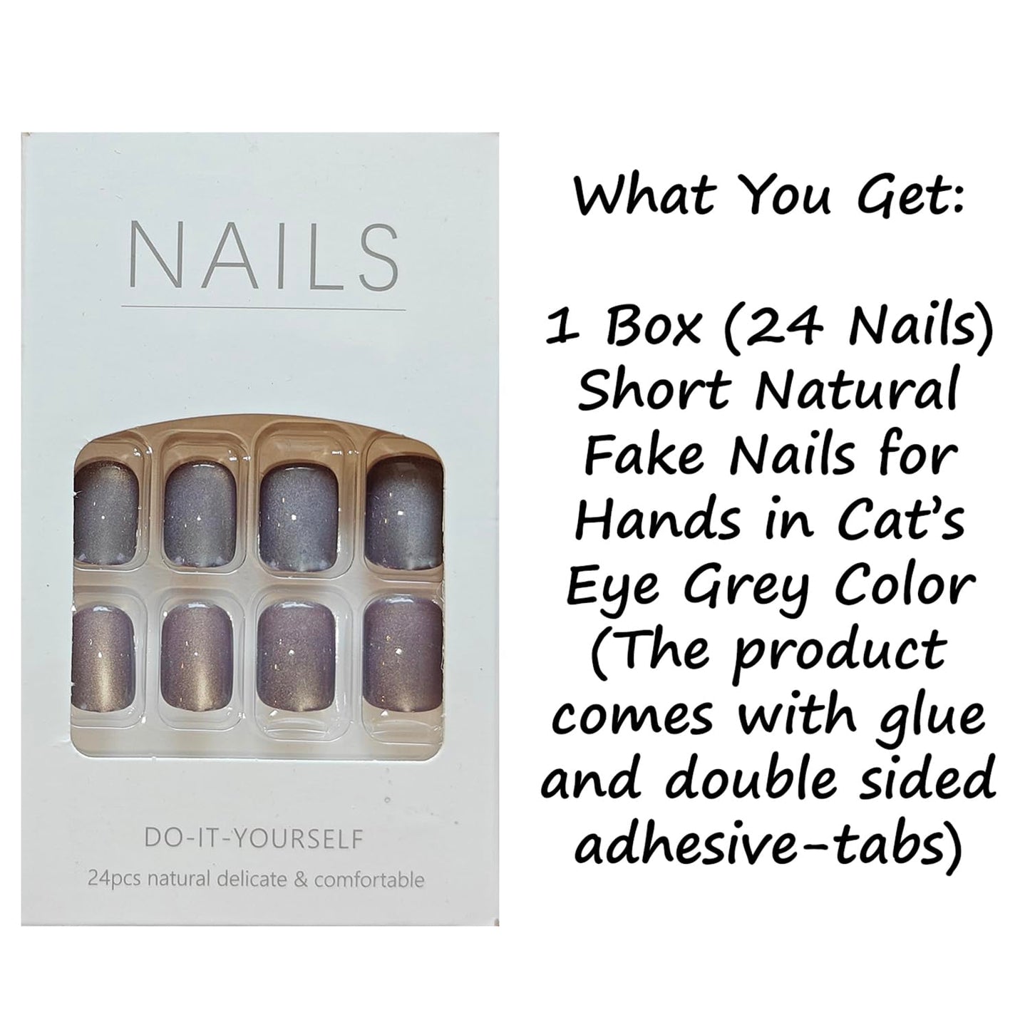 S.A.V.I Cat’s Eye Grey Short Square Fake Nails for Women – 24pcs Natural Glossy Press On Nails with Glue & Adhesive Tabs, Durable Reusable Nail Art Kit for Stylish DIY Manicure at Home