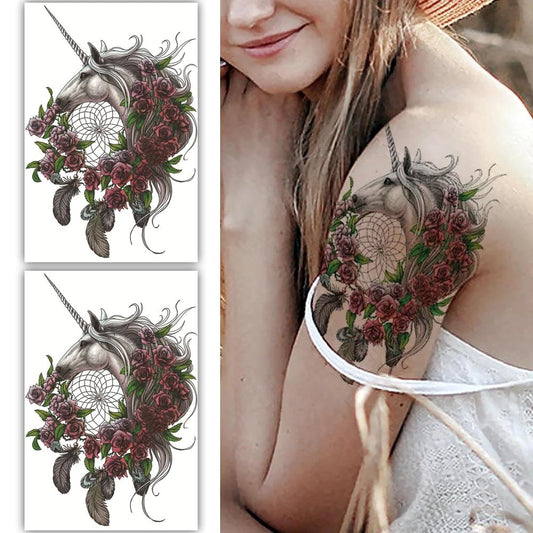 S.A.V.I 2 Sheets Temporary Tattoos for Women, Unicorn Dreamcatcher with Roses Design, 19x12cm, Multi-Color, Waterproof, Long-Lasting Body Art for Arm