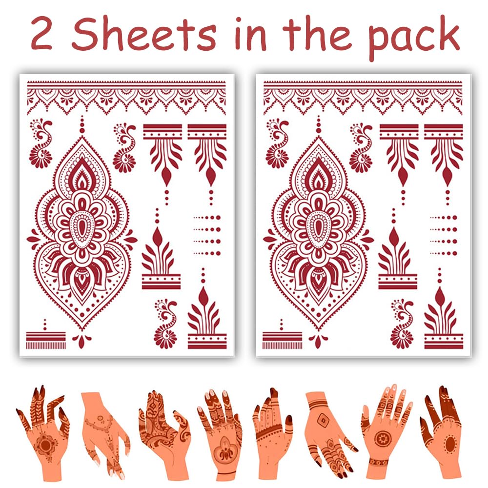 S.A.V.I 2 Sheets - Temporary Mehndi Tattoo Stickers for Hands (16x12 cm) | Red Henna Style | Waterproof, Non-Toxic | Mandala & Floral Design for Women & Girls | Festival & Bridal Use (#48)