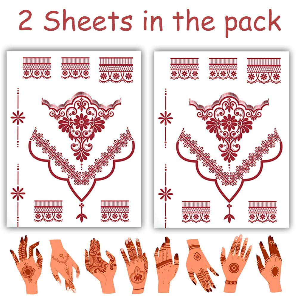 S.A.V.I 2 Sheets - Red Mehndi Style Temporary Tattoo Stickers for Women & Girls (16x12cm) | Floral Net Design | Waterproof, Safe, Non-Toxic Body Art for Hands – Easy to Apply & Remove (#66)