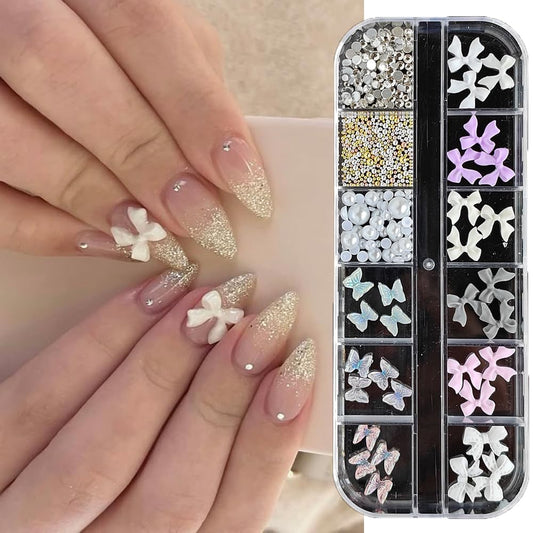 S.A.V.I 3D Nail Art Decoration Set – 12-Grid Box with 18 Bow Charms (6 Colours), 12 Butterfly Charms, Pearls, Rhinestones & Beads – DIY Nail Accessories for Professional Salon & Home Manicure