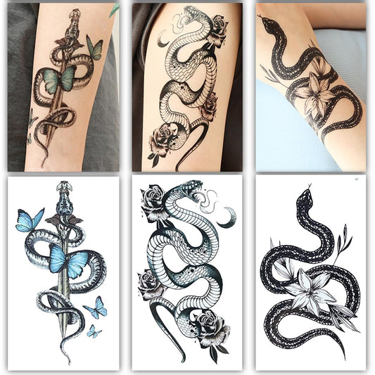 S.A.V.I 3 Pcs Snake Temporary Tattoo for Women & Men – 16x9cm Black & Color Designs with Floral & Butterfly Art – Waterproof, Safe, Non-Toxic Body Stickers for Arm, Hand, Leg – Long Lasting (04)