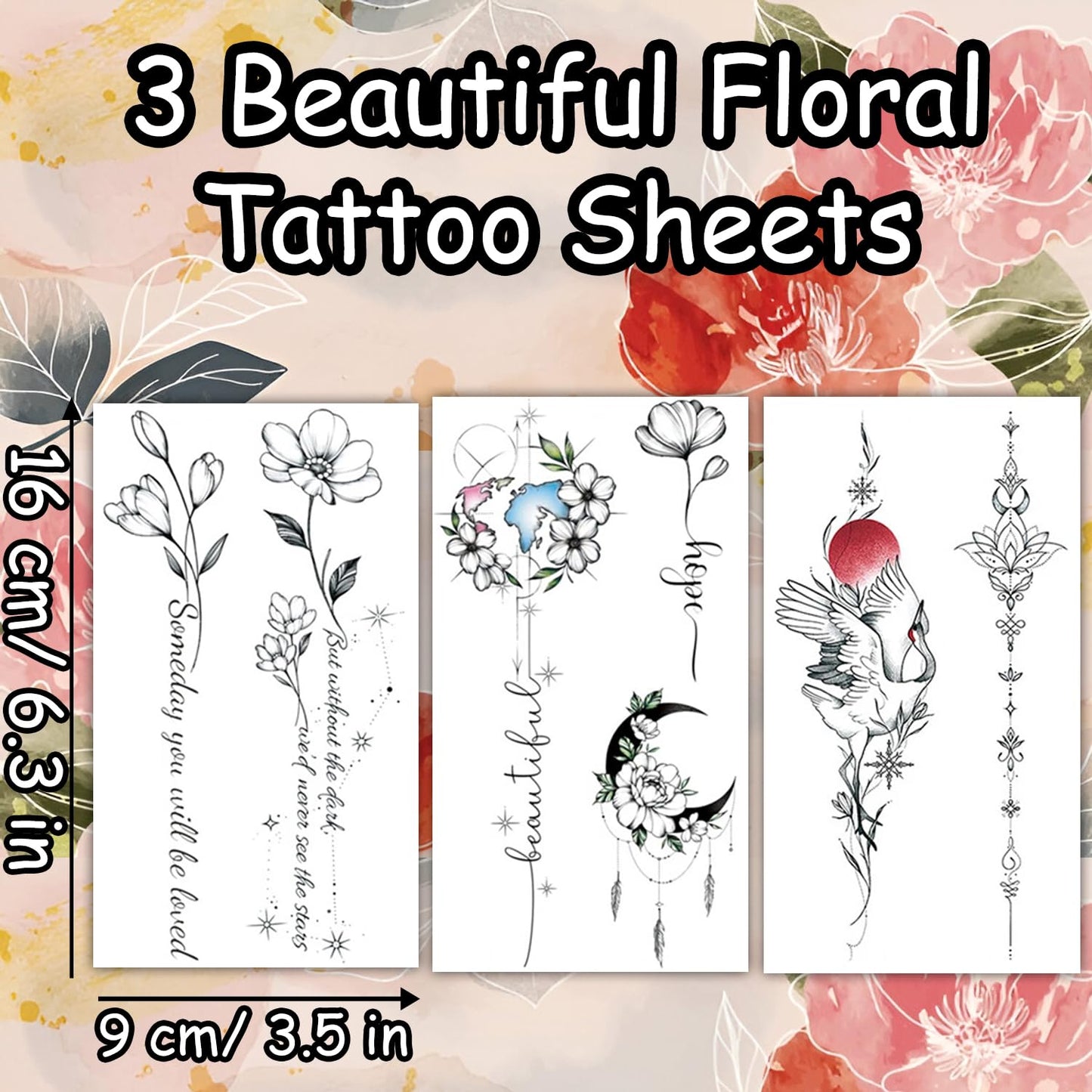 S.A.V.I 3 Pcs Floral Temporary Tattoo Stickers for Women & Girls – 16x9 cm Waterproof, Safe & Non-Toxic, Long-Lasting Body Art with Elegant Flower, Moon & Bird Designs for Arm, Wrist & Back (05)