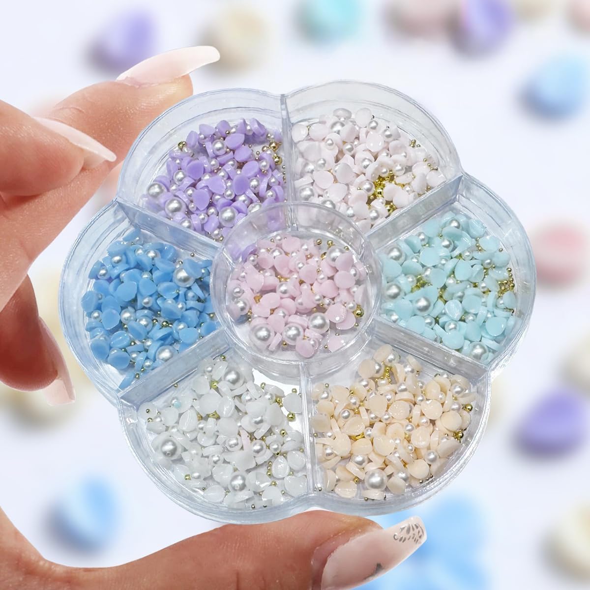 S.A.V.I 3D Flower Nail Art Decorations Set – 7 Colours Mixed Petal Charms with Pearls & Gold Beads for DIY Nail Design, Acrylic & Gel Extensions – Resin Blossoms Manicure Kit