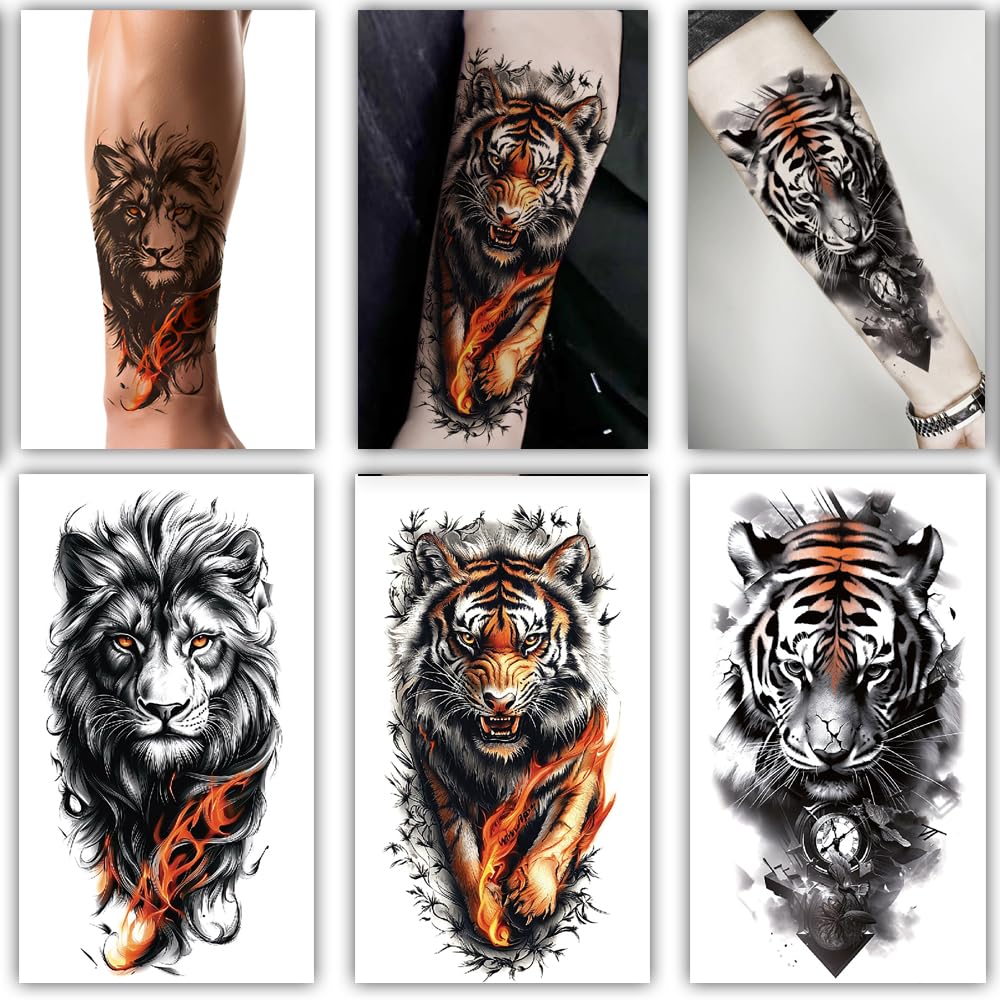 S.A.V.I 3 Majestic Lion & Tiger Temporary Tattoo Sheets for Men & Women | Large 21x11cm Arm Sleeve Stickers | Realistic Black & Orange Flame Body Art | Safe, Non-Toxic & Long Lasting (Wild-1)