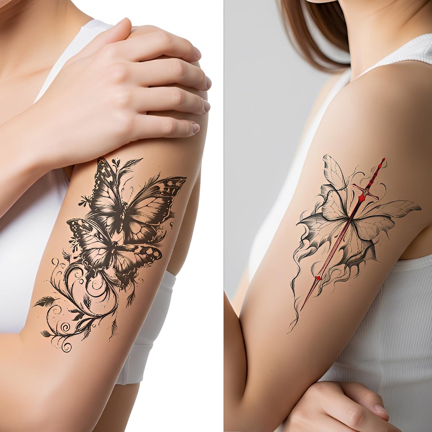 S.A.V.I Butterfly Temporary Tattoos for Women & Girls – 3 Large Sheets (21x11cm) | Black & Red Waterproof Arm Body Art Stickers | Safe, Non-Toxic, Long-Lasting Tattoo Designs (Butterflies-1)