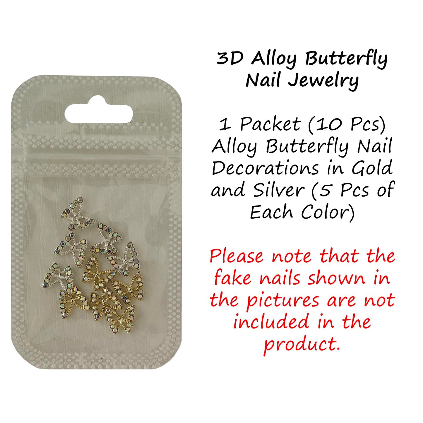 S.A.V.I 3D Butterfly Nail Art Charms for Women (10 Pcs, 10 × 9 mm) | Gold & Silver Alloy Rhinestone Nail Decorations | Reusable Sparkling Accessories for DIY Gel/Acrylic Extension & Salon Manicure