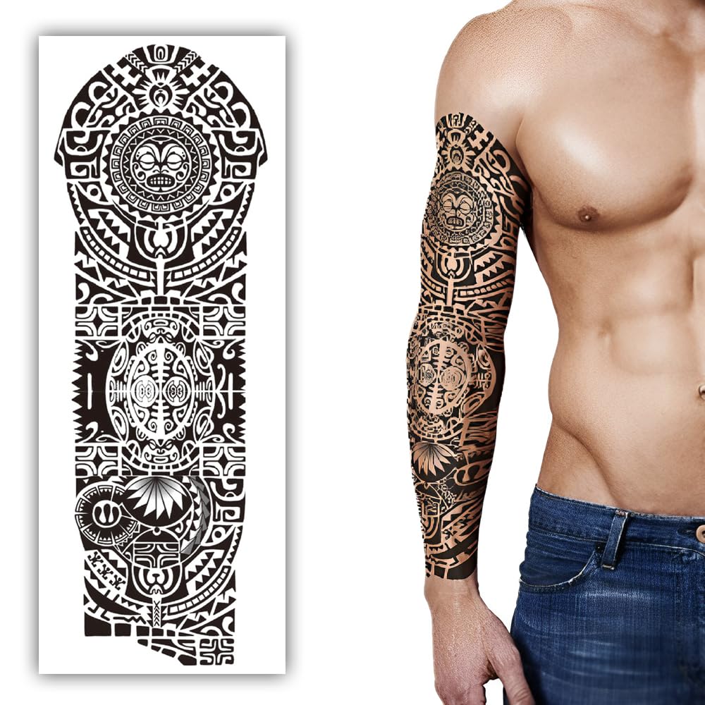 S.A.V.I Tribal Full Arm Temporary Tattoo for Men (48x17cm) – Waterproof, Black Realistic Design – Safe, Non-Toxic, Long-Lasting Body Art Sticker for Parties, Festivals, Cosplay & Events