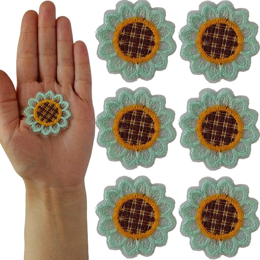 S.A.V.I Non-Adhesive Sunflower Sew-on Embroidered Appliqué Patch Pack of 6, Lightweight 0.4g, Perfect for DIY Embroidery on Clothes, Hats, Bags, Jackets, Craft Projects, Sweater, Jeans (Mint Green)