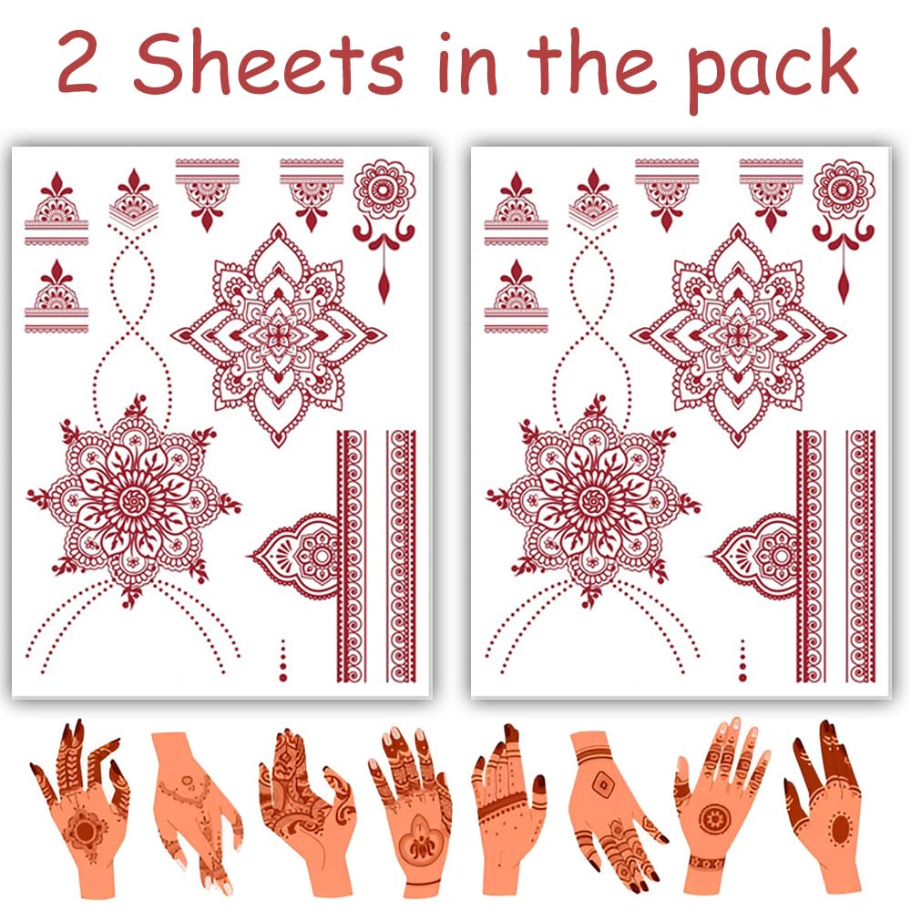 S.A.V.I 2 Sheets - Temporary Mehndi Tattoo Stickers for Hands (16x12 cm) | Red Henna Style | Waterproof, Non-Toxic | Mandala & Floral Design for Women & Girls | Festival & Bridal Use (#44)