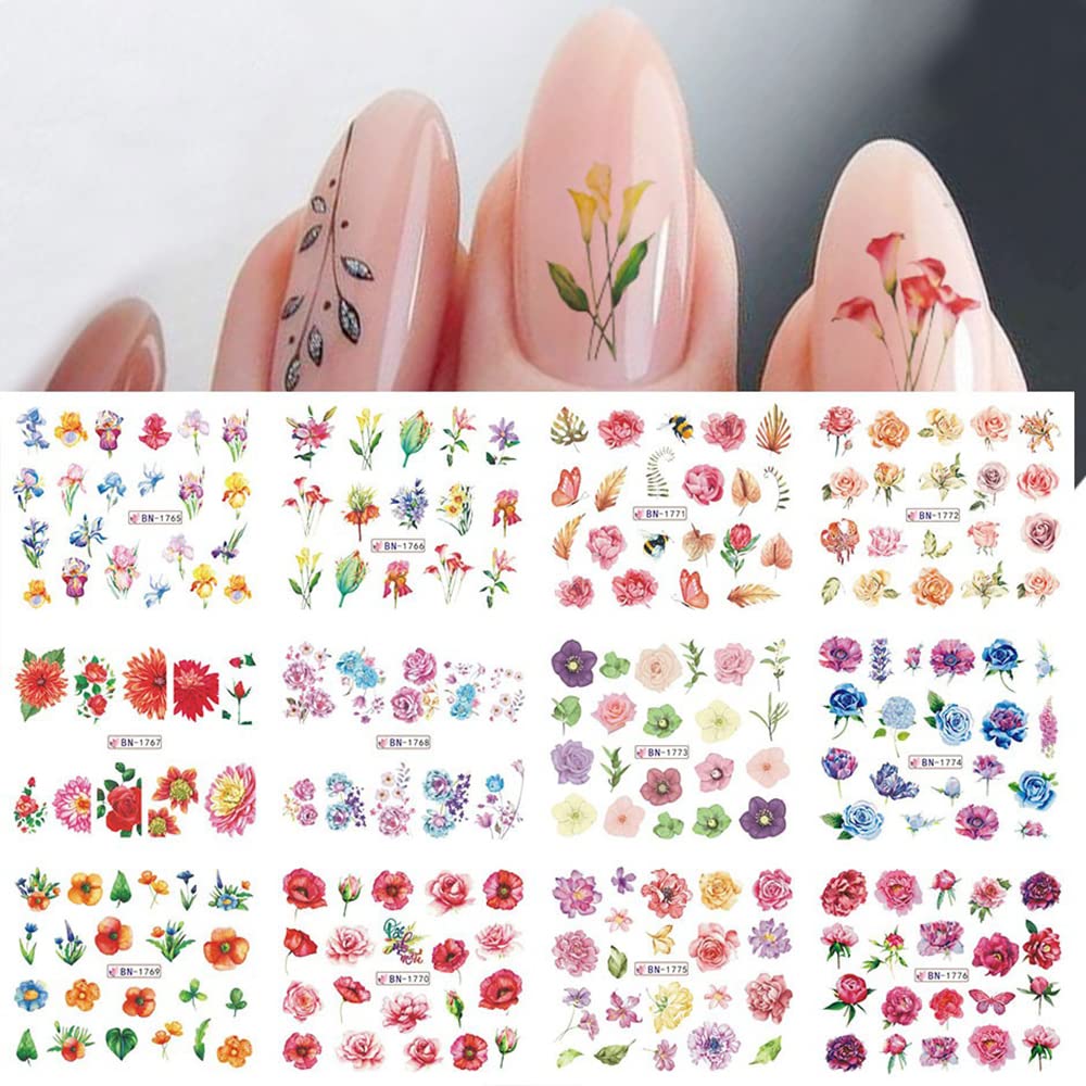 S.A.V.I 12 Sheets Water Transfer Flower Nail Stickers - DIY Manicure for Trendy Women  Girls - Fashionable Nail Art Decals