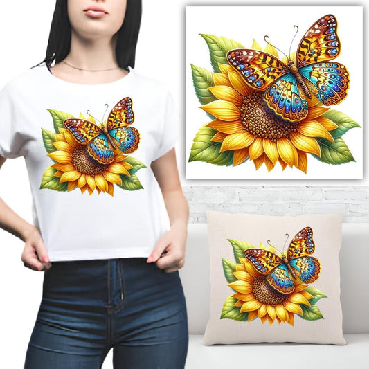 S.A.V.I Colorful Butterfly  Sunflower Iron-On Patch | 8.5x7 Inch Heat Transfer Sticker for T-Shirts, Hoodies, Jeans, Backpacks  Pillows | Washable DIY Applique for Clothes  Accessories | 1PC