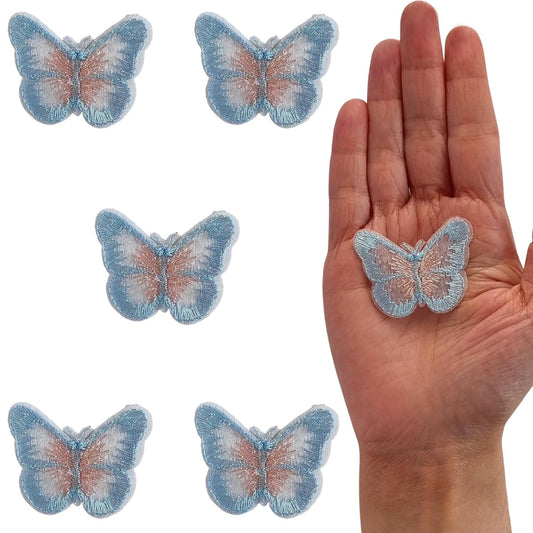 S.A.V.I 5PC 3D Blue Butterfly Applique Patch | Sew-On Mesh Lace Fabric Embroidery for DIY Dresses, Saree, Lehenga, Blouse, Gown, Bridal Wear  Craft | Decorative Sewing Patch (1.7x1.3 in) (Blue Pink)