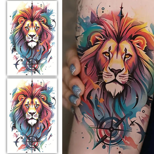 S.A.V.I Vibrant Lion Temporary Tattoo 2 Sheets - 19x12cm Waterproof, Realistic  Long-lasting Body Art Stickers for Men  Women - Multi-Color Design, Easy Application  Removal - All Skin Types