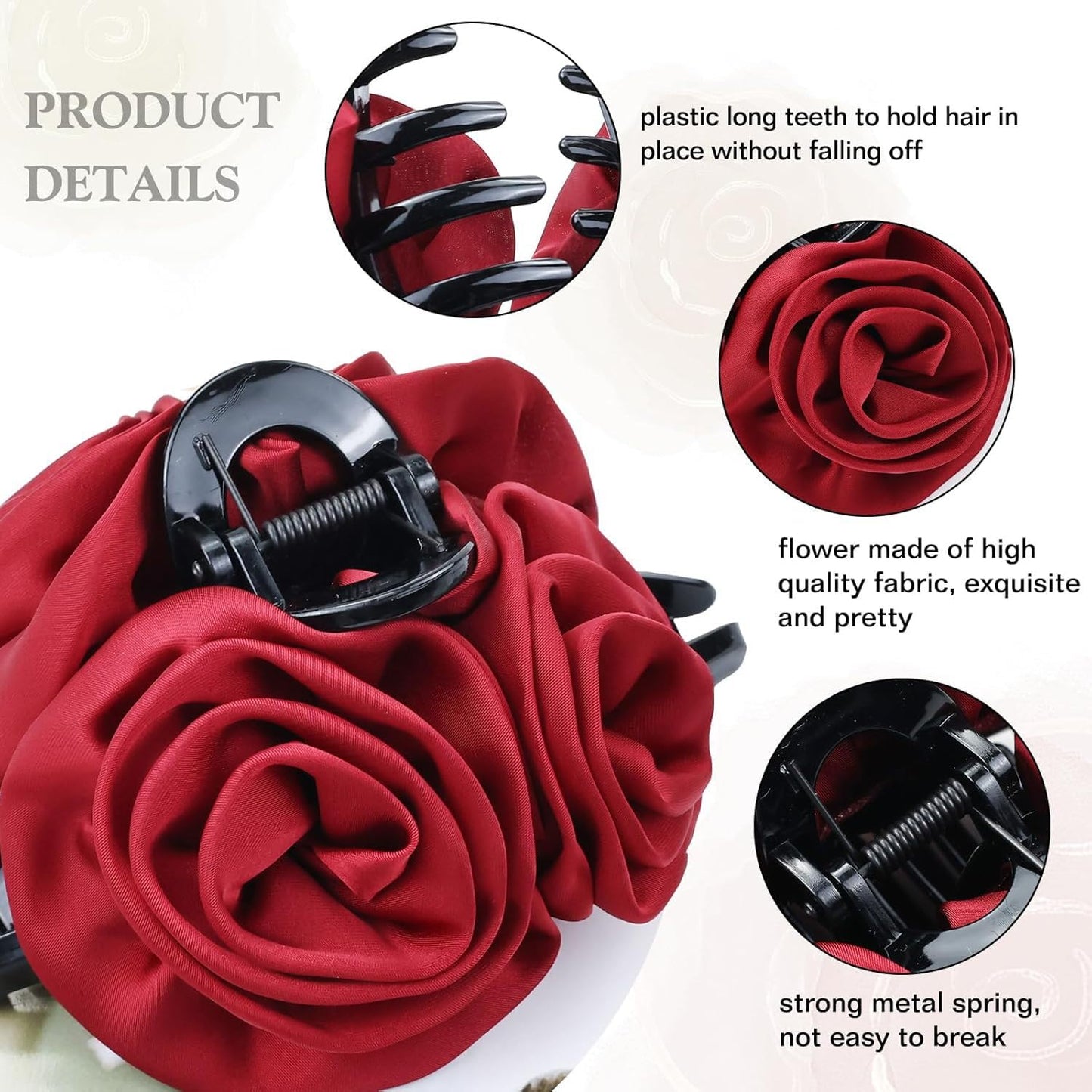 S.A.V.I Red Rose Hair Claw Clip for Women & Girls | Elegant Fabric Flower Design | Strong Grip Clutcher with Metal Spring | Stylish Hair Accessory for Daily, Wedding & Party (5.1 Inch)