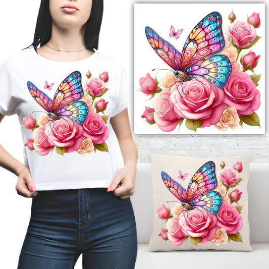 S.A.V.I 1PC Butterfly  Rose Iron-On Heat Transfer Patch for T-Shirts, Hoodies, Jeans | 8.5x7 Inch Washable DIY Applique Sticker | Colorful Floral Design | Easy to Apply