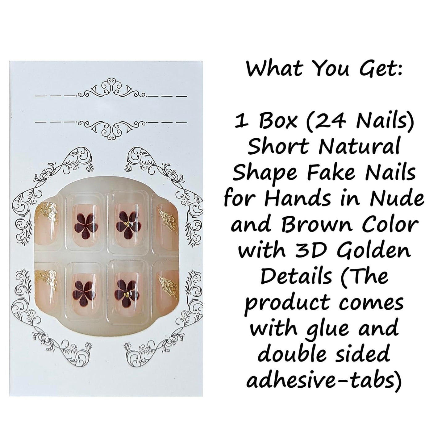 S.A.V.I 24 Pcs Nude & Brown Short Fake Nails with 3D Golden Design | Natural Shape Press On Nails with Glue & Adhesive Tabs | Easy Manicure Nail Art Decoration for Women & Girls
