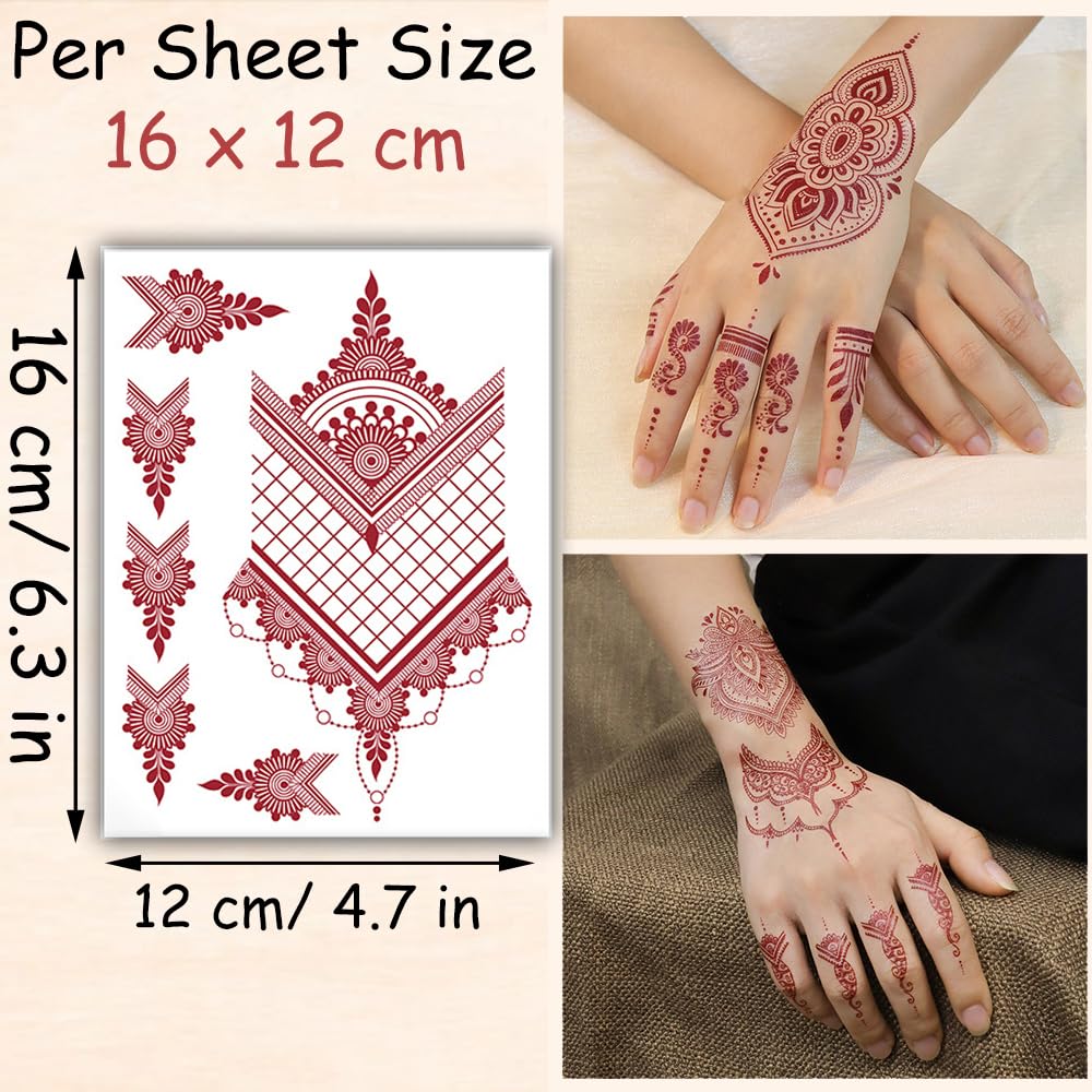 S.A.V.I 2 Sheets - Red Mehndi Style Temporary Tattoo Stickers for Women & Girls (16x12cm) | Floral Net Design | Waterproof, Safe, Non-Toxic Body Art for Hands – Easy to Apply & Remove (#60)
