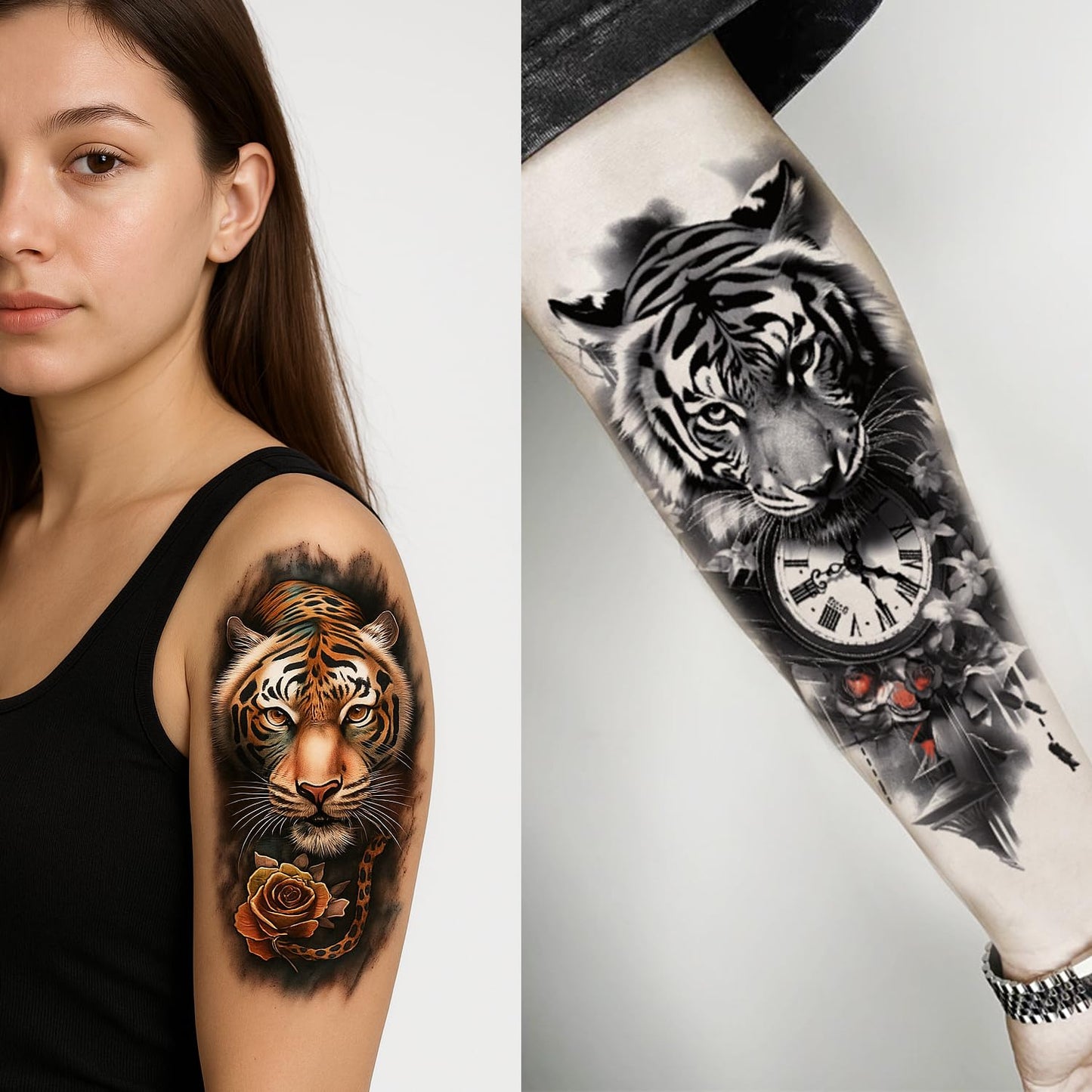 S.A.V.I 3Pcs Large Tiger Temporary Tattoos for Men Women (21x11cm) – Realistic Waterproof Arm Shoulder Chest Body Art with Clock & Rose – Safe Non-Toxic Long Lasting Tattoo Stickers (Tiger)