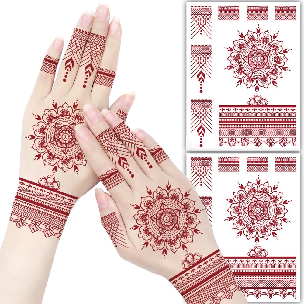 S.A.V.I 2 Sheets - Red Mehndi Style Temporary Tattoo Stickers for Women & Girls (16x12cm) | Floral Net Design | Waterproof, Safe, Non-Toxic Body Art for Hands – Easy to Apply & Remove (#62)