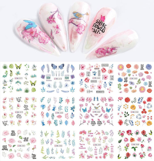 S.A.V.I 12 Sheets Water Transfer, Nail Fashion Sticker Decal, Leaf Flower Butterfly Bird Rose, DIY Manicure