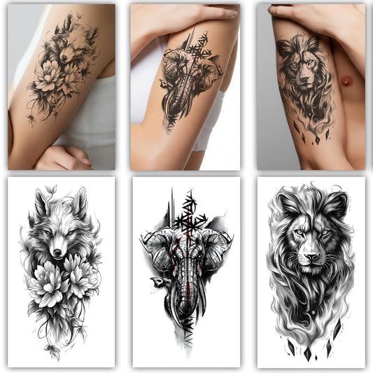 S.A.V.I 3 Large Wildlife Temporary Tattoos for Men & Women – Black Wolf, Lion & Elephant Designs (21x11 cm) – Safe Waterproof Non-Toxic Body Art Stickers for Arm, Shoulder & Back (Wild-2)