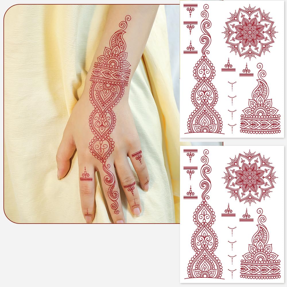 S.A.V.I 2 Sheets - Temporary Mehndi Tattoo Stickers for Hands (16x12 cm) | Red Henna Style | Waterproof, Non-Toxic | Mandala & Floral Design for Women & Girls | Festival & Bridal Use (#41)
